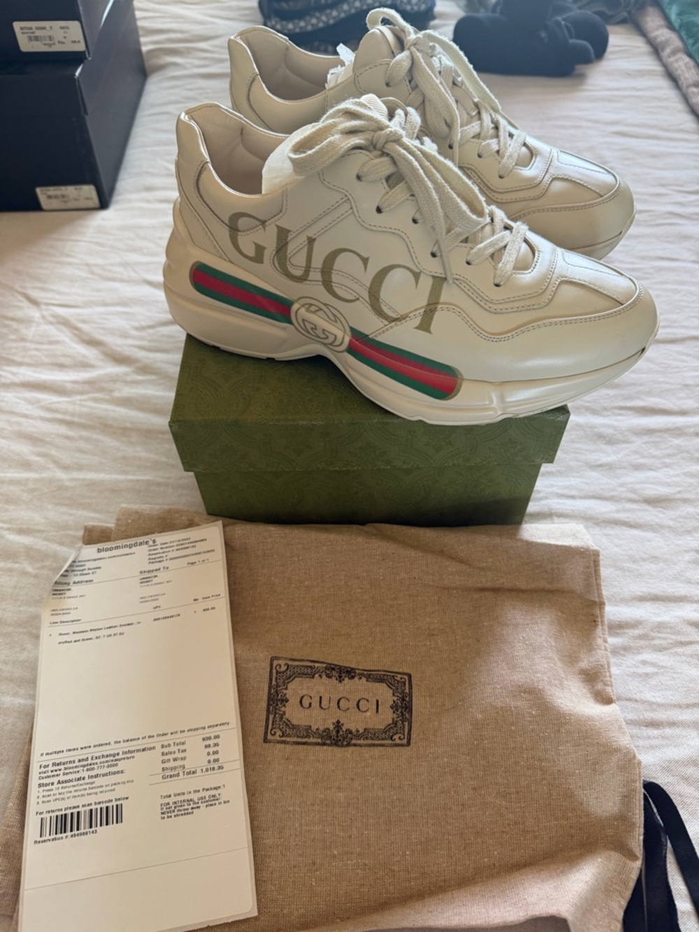 Gucci Apollo Cream Leather Sneakers with Green & Red Web Stripe sz 37